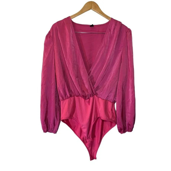 Shein Pink Satin Bodysuit Plus Size 1XL Long Sleeve V Neck Cocktail One Color - Picture 1 of 5